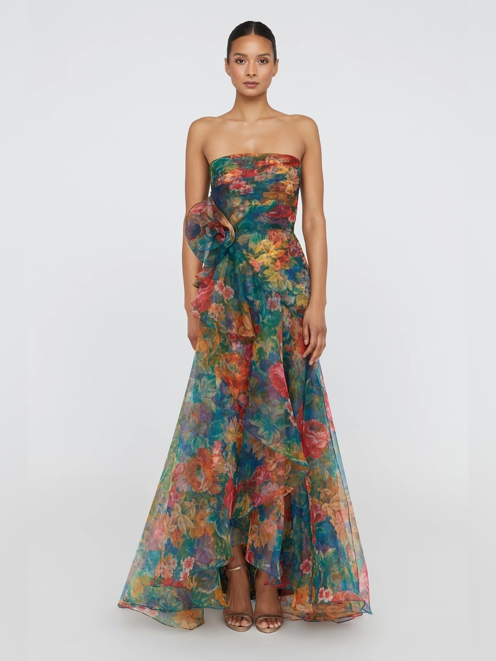 Theia Leora Rosette Strapless Floral Chiffon Gown in Multicolor